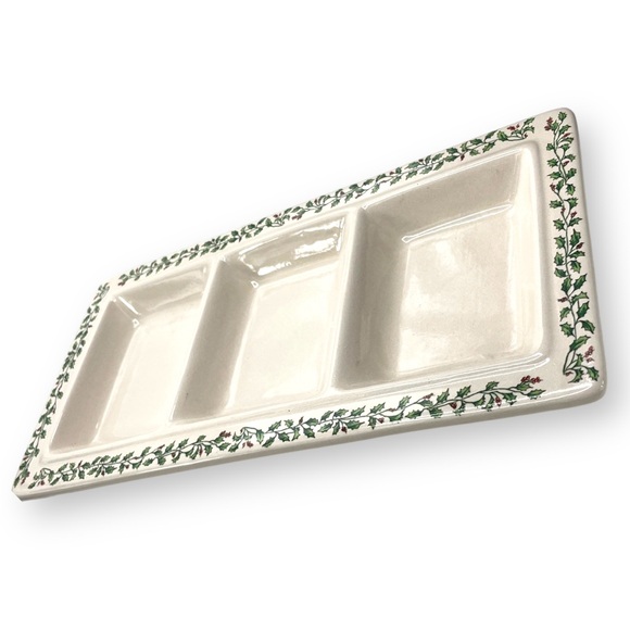 Ceramic Christmas Vintage Off White Holly Berry Trim Platter w/ 3 Compartments - Picture 4 of 13